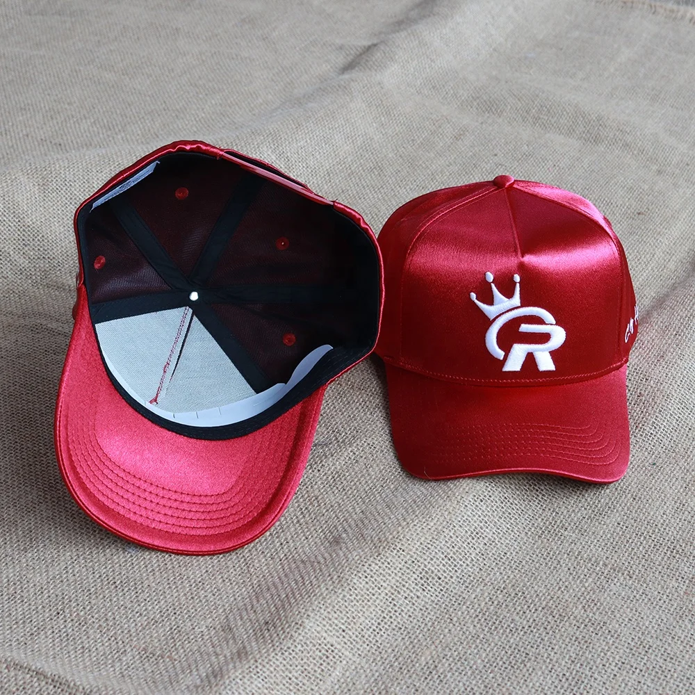 Fashion custom design girl hat Red color 5 panel baseball cap Satin high quality hat adjustable Plastic tail spike hat