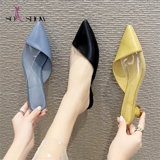 Custom logo slide slippers mid heel girls leather pointed toe sandals for women and ladies