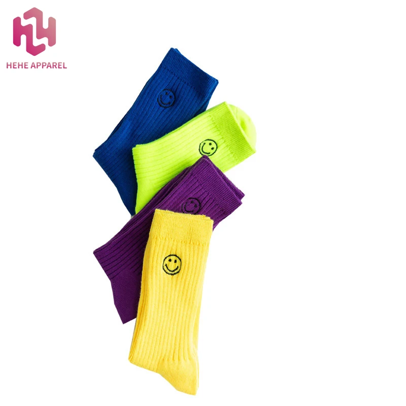 HEHE Custom Cotton Logo Autumn and Winter crew socks pure fluorescent color socks for women with embroidery smiley face patterns