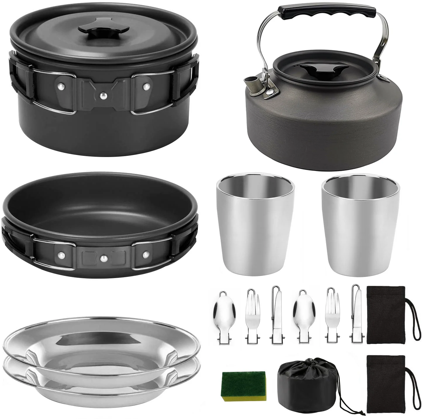 2-3 Person Camping Picnic Cookware Set Tableware Combination Portable Outdoor Cooking Mess Kit with Cups Plates