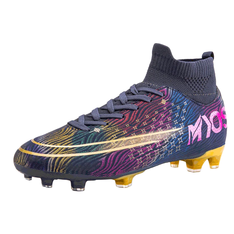 Men Hot Sale Outdoor Artificial Turf Mixed Color Spike Soccer Shoes High Ankle Fly Knit Leather Football Training Boots