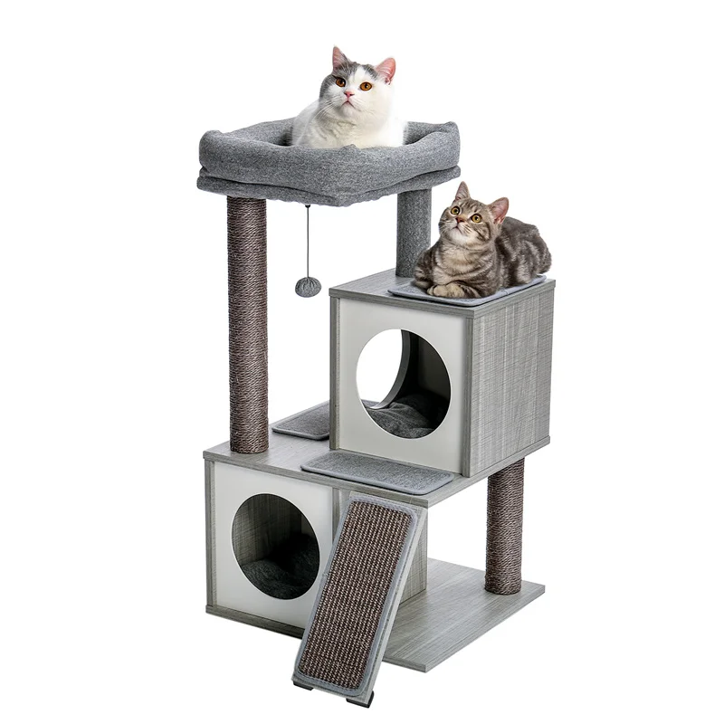 
US Warehouse Free Shipping Wooden Cat Tree Cat Condo With Scratching Post Grey 
