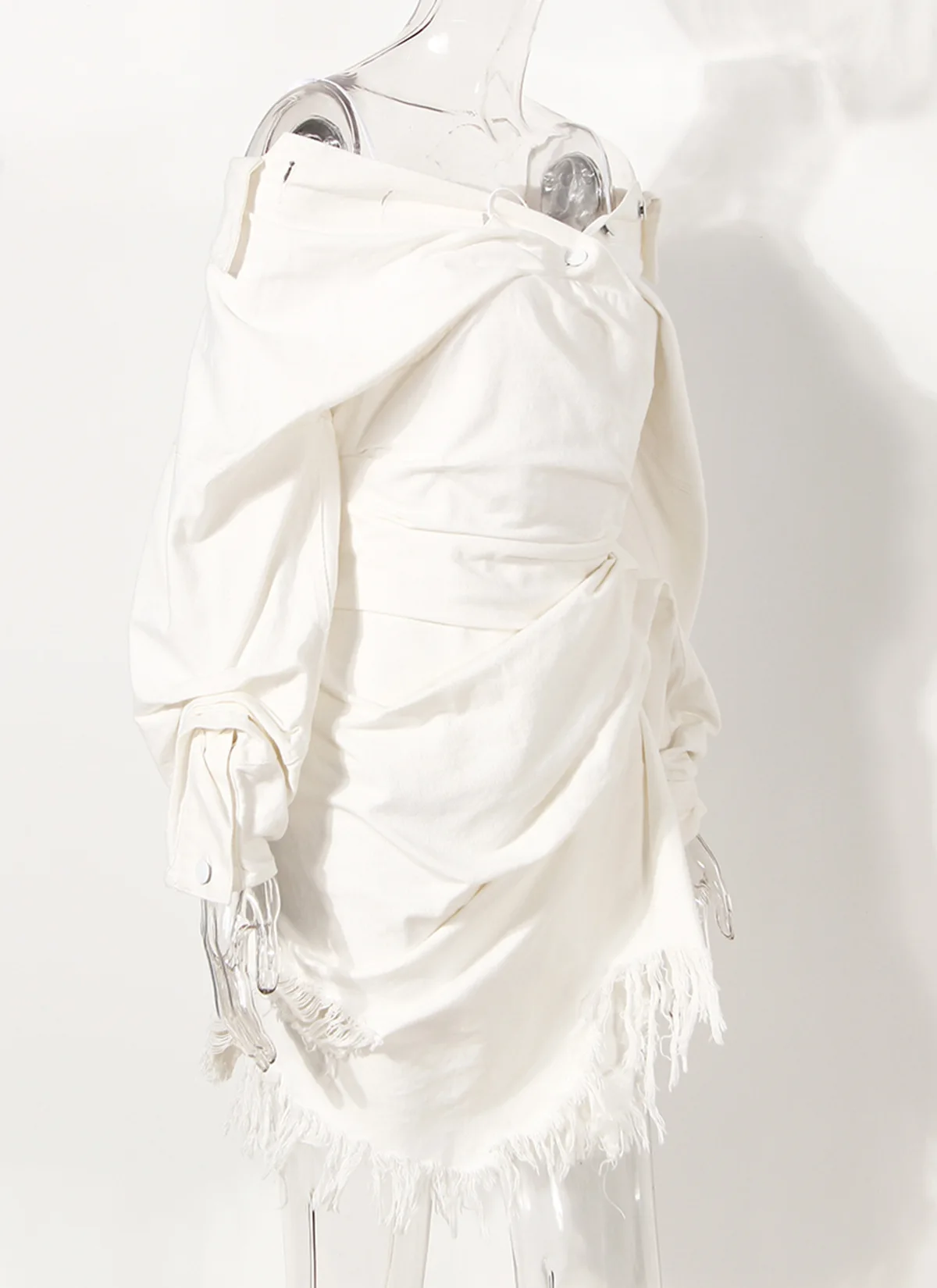 Summer new slim dress irregular fringed off-the-shoulder washable ripped pleated denim skirt