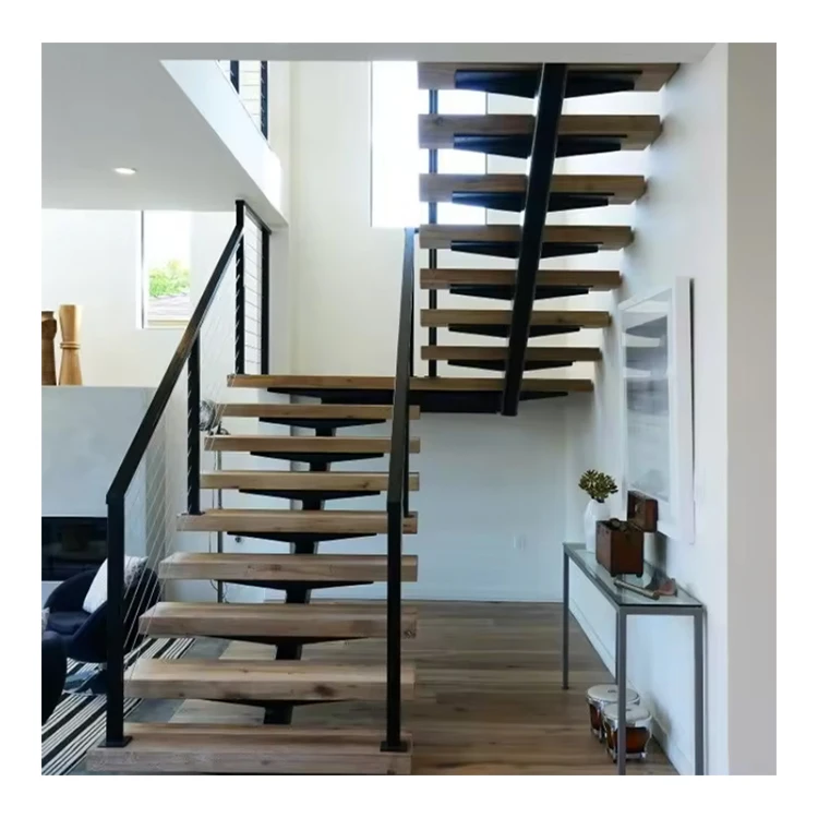 Modern Red Oak Wooden Timber Staircase Indoor Wooden Tread Staircase Floating Straight Stairs