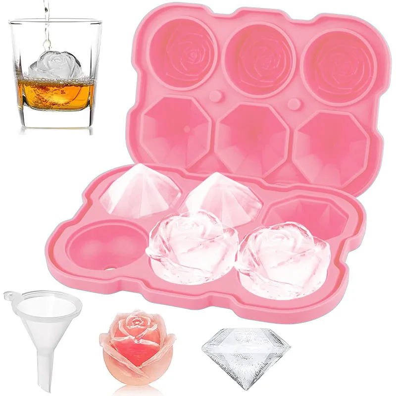 Silicone Ice Mold Fun Shapes With Clear Funnel-type Lid 3 Diamond 3 Rose Ice Balls for Chilling Whiskey Cocktails Drinks