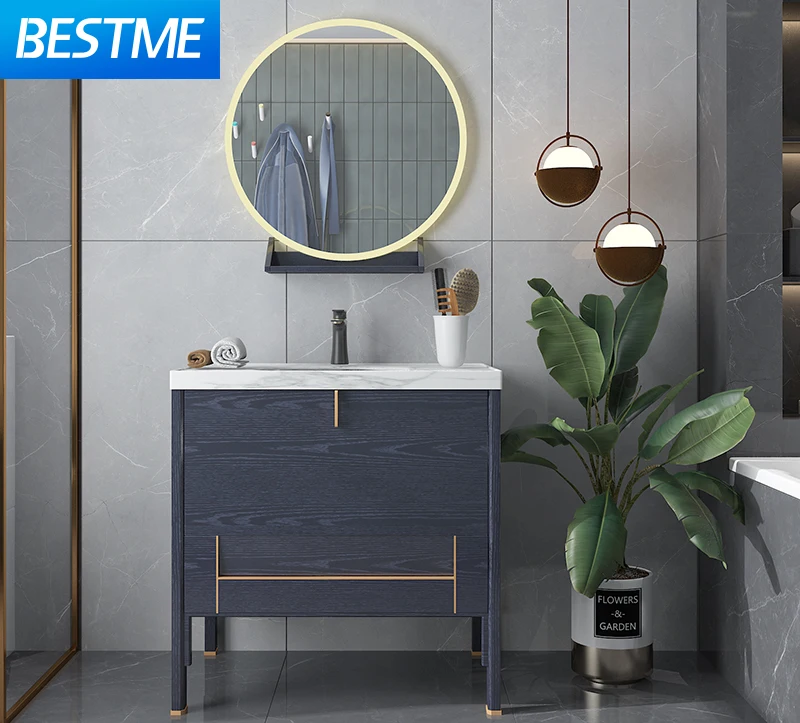 Solid wood Oak wood Furniture Navy blue bathroom cabinet durable bathroom LED light Artificial stone counter vanity cabinet