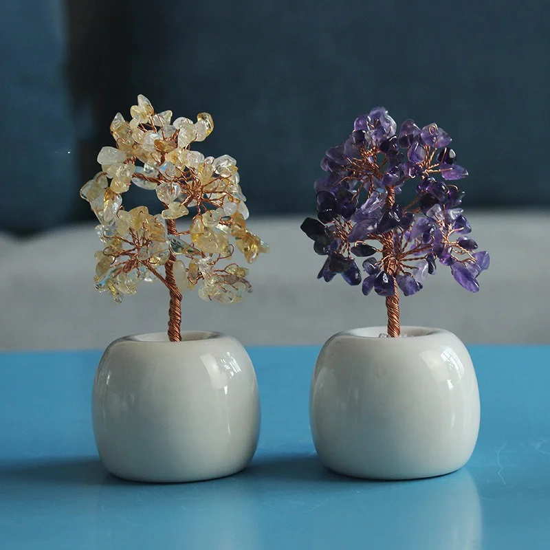 Rose Quartz Gemstone Healing Crystal Money Tree Copper Wire Wrapped on Natural Rose Quartz Base Ornament Feng Shui Luck Figurine