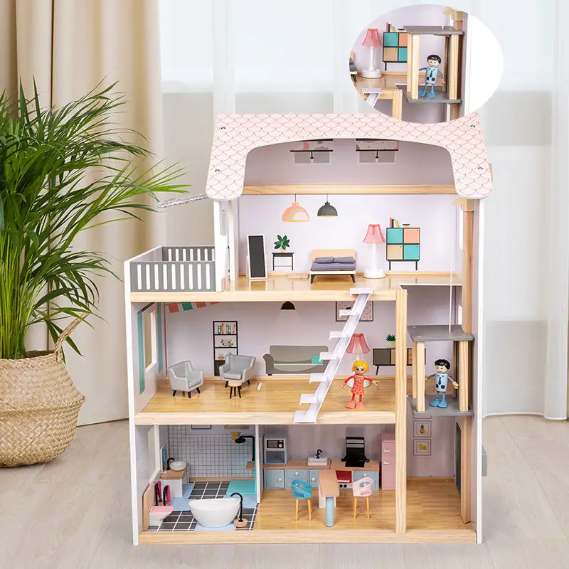 Pretend Role Play Diy Educational Toy Kids Wooden Doll House Villa With Doll Room