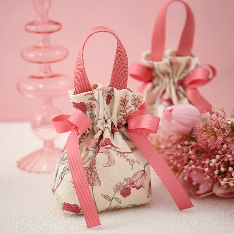 Flower Printed Pouch New Design Wedding Candy Bags Drawstring Pouch Candy Canvas Sachet Gift Bags