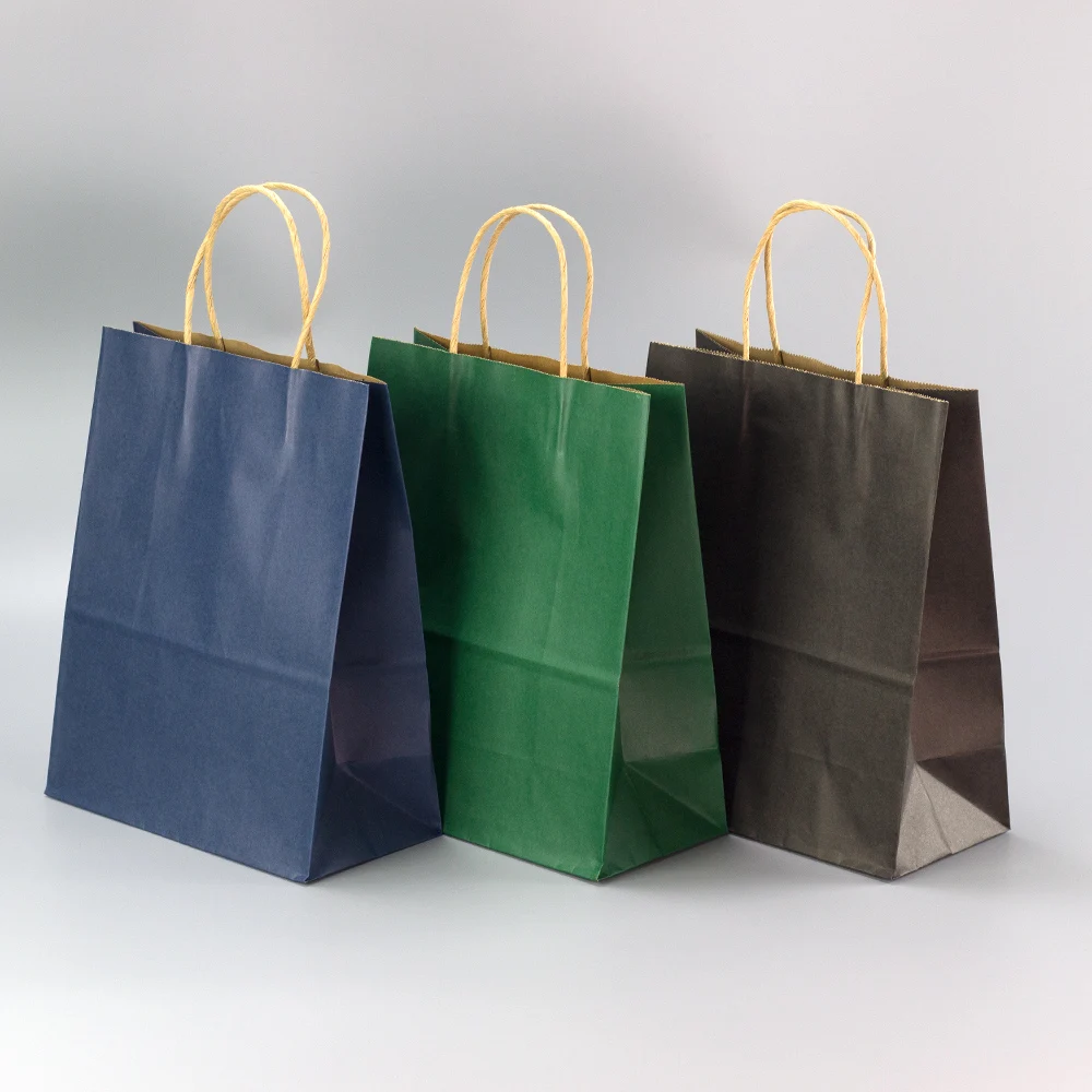 Recyclable Eco-Friendly Reinforced Handle Craft Paper Bag Custom Printed Logo Solid Durable Bottom Green Brown Kraft Paper Bag