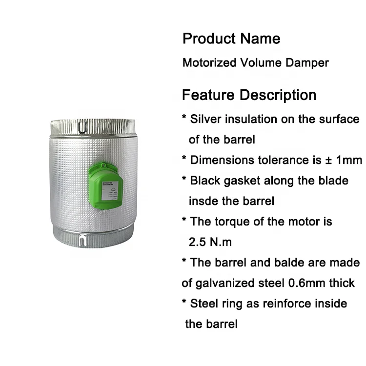 HVAC System Galvanised Steel Air Flexible Duct Motorised Air Damper with Slivery Insulation Cotton