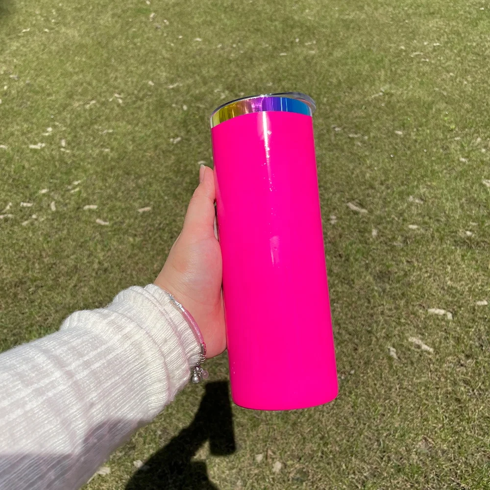 glossy mirror custom Fluorescent Neon colored rainbow underneath 20oz tumbler with lid for laser engraving