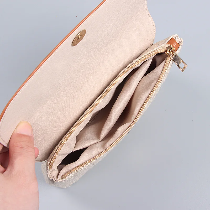 Natural Jute Makeup Bag PU Trim Flap Makeup Pouch Plain Toiletry Storage Bag Envelope Shape PU and Linen Cosmetic Bag