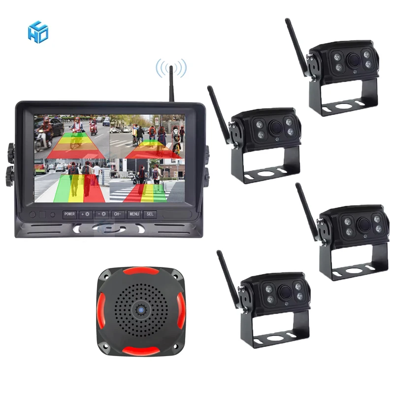 4CH Ai Bsd Wireless Rearview Car Camera System with 4PCS Camera and 7 Inch DVR Monitor for Truck RV Forklift