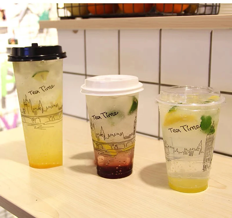 Plastic Disposable 500ml 700ml Custom logo Print Milk Tea Cup Disposable pp Injection Boba Bubble Tea Cup