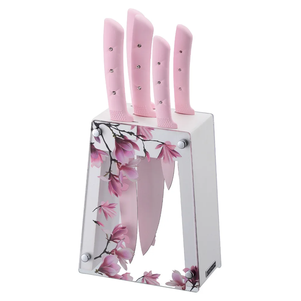 Kitchen Knife Set Pink Flower 6PC Stainless Steel Sharp Chef Cooking Non-slip Knife Set with Acrylic Stand & Block, Non-stick