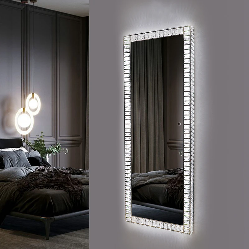 wholesale large size clothing store wall decorative dressing mirror vanity led light crystal diamond full length mirror