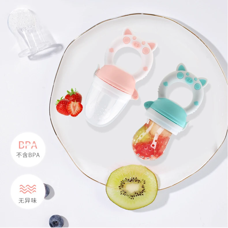 KCT New Design Hot Sale Silicone Handle Fresh Food Piggy Baby Feeder Teething Toys Fruit Pacifier For New Born