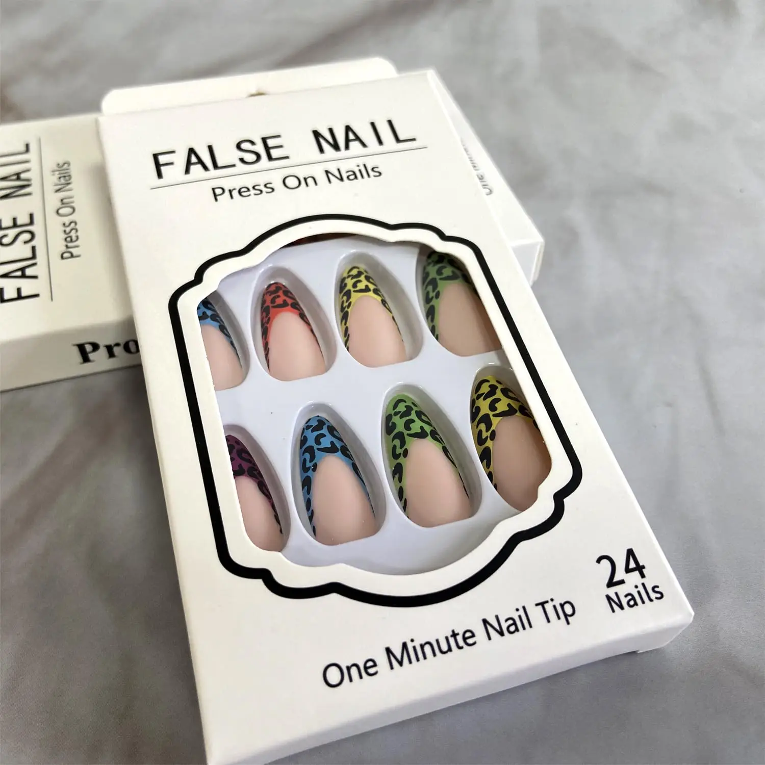 Colorful Leopard Print French Tip Press on Nails Almond Medium Length Matter False Nails With Sticky Tabs Full Cover Artificial