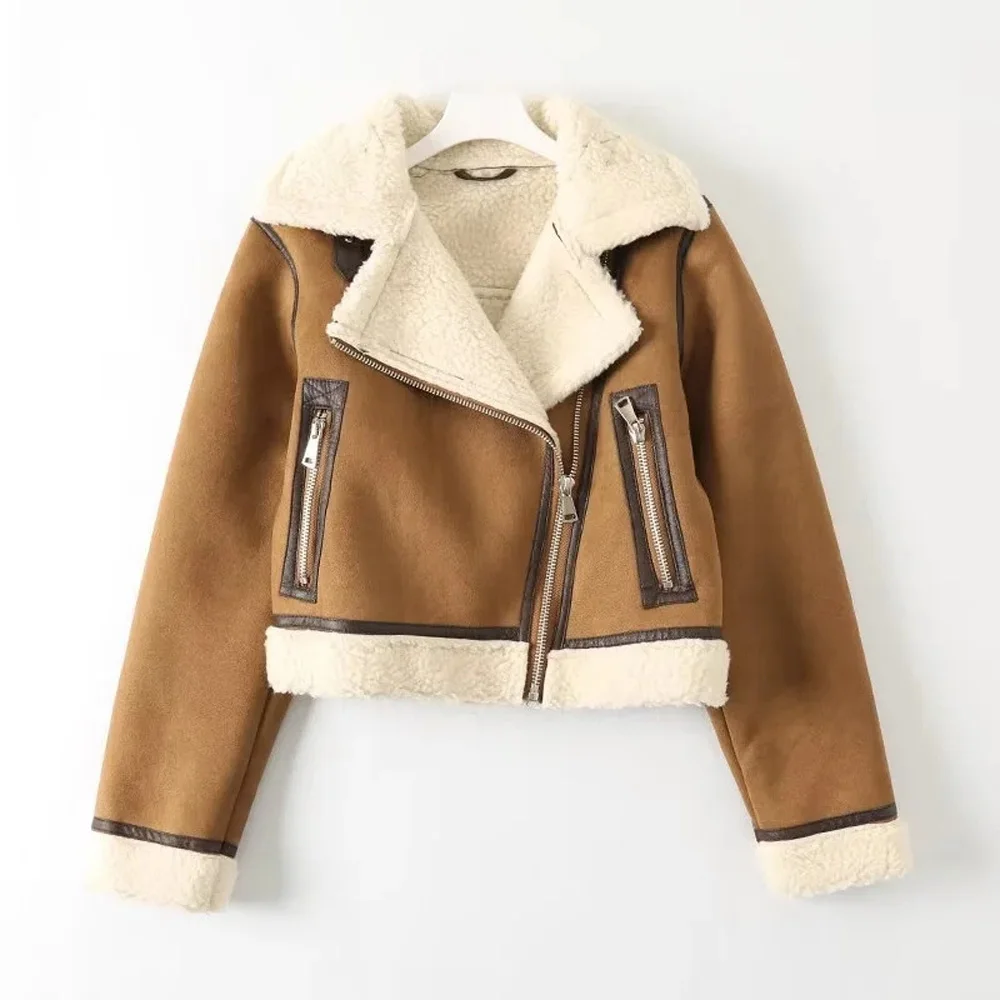 R30230S New Winter Moto Biker Short Sheepskin Coat Women Faux Lamb Leather Fur Jacket Fashion Lapel Zipper Thick Warm Outwear