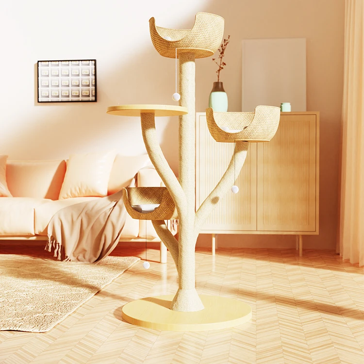 Customized high cat tree scratcher with platform,Sturdy beige metal cat climbing tree for cat