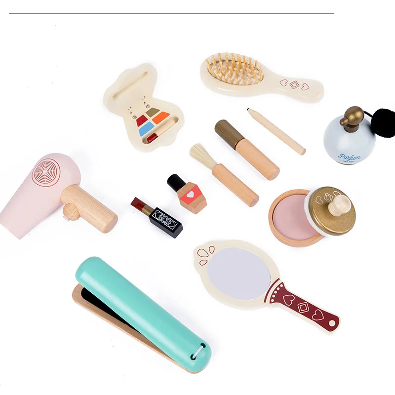 Wooden Kids Makeup Toy Set with Styling Tools and Cosmetics Girls Pretend Cosmetic Bag Kit Play House Beauty Salon Game