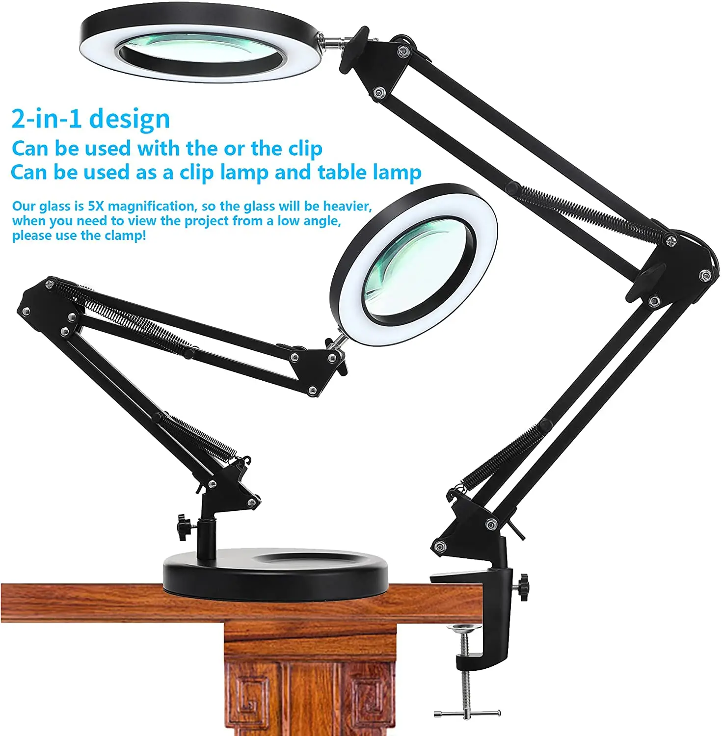 Glass Lens 5X LED Magnifying Desk Lamp For Reading