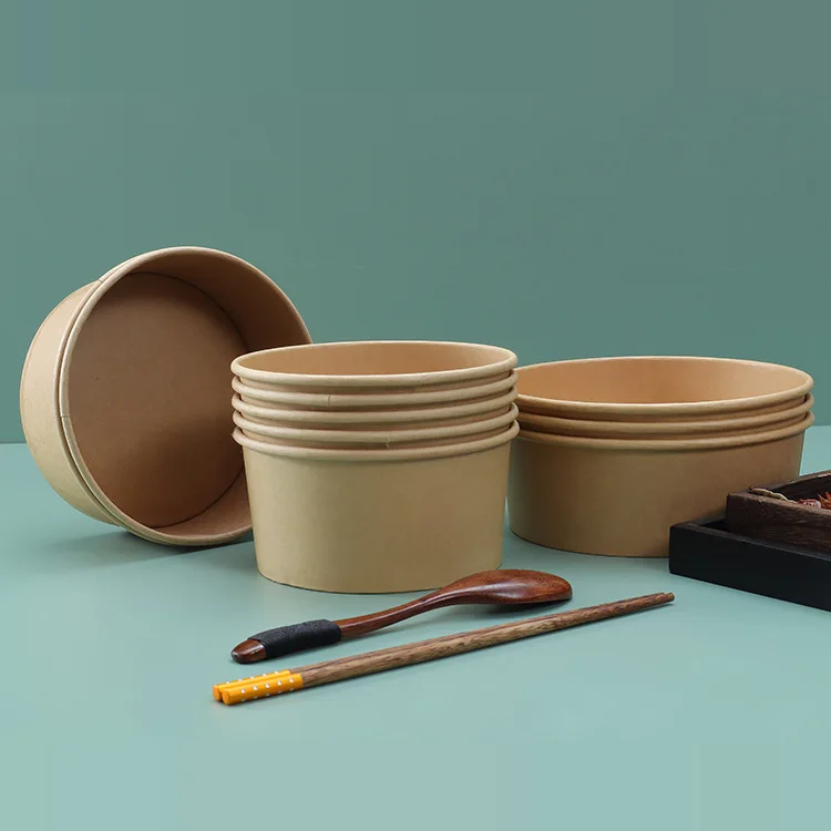 Disposable paper bowl round commercial packing box with lid salad bowl takeaway wholesale kraft paper bowl