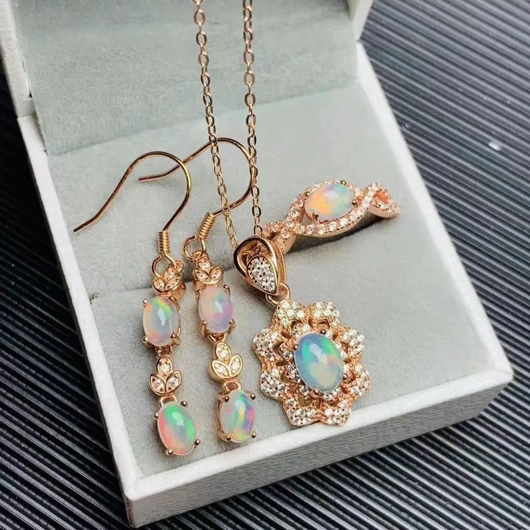 Good Price Moroccan Bride 925 Sterling Silver Pave Luxury Natural Opal Earrings Jewelry Sets For Women