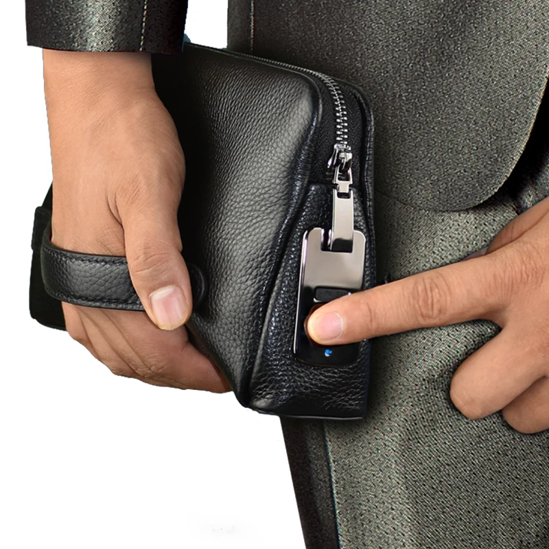 Fingerprint Lock Executive Business Handbag Men Genuine Leather Clutch Bag
