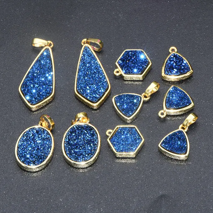 Недорогая синяя блестящая подвеска Drusy Овальной шестигранной формы Позолоченные Подвески Друза для изготовления ювелирных изделий своими руками