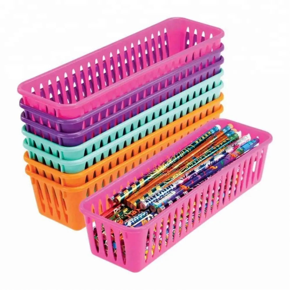 
Custom Cheap Office Desktop Slim Plastic Storage Trays Baskets Sturdy Stackable Multi Colors Classroom Pencil and Marker Baskets 