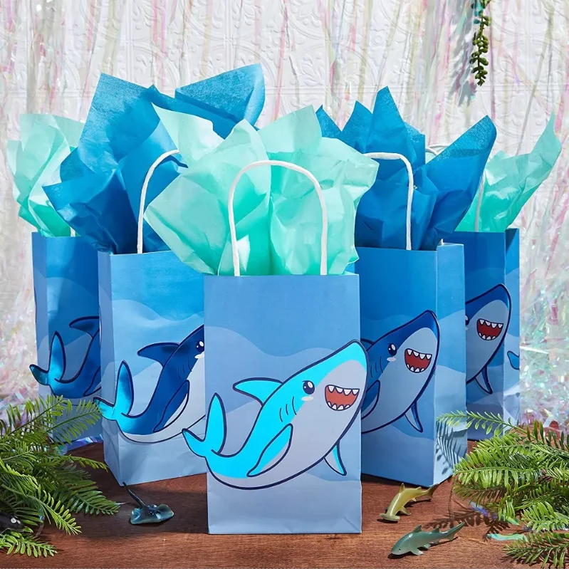 DAMAI Shark Paper Gift Bags Custom Kids Party Supplies for Birthday & Party Favor Gift Paper Bag Shark Candy Gift Bag
