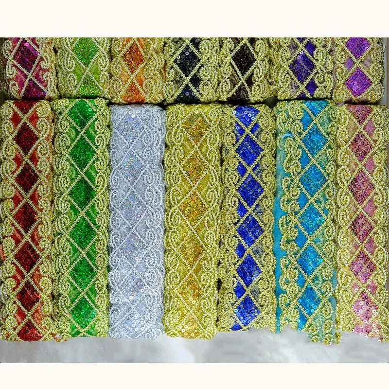 65mm Diy Sewing Material Costume Beaded Sequin Mesh Lace Fabric Diamond-shape Stage Dress Glitter Sequined Edge Lace Trims Gold