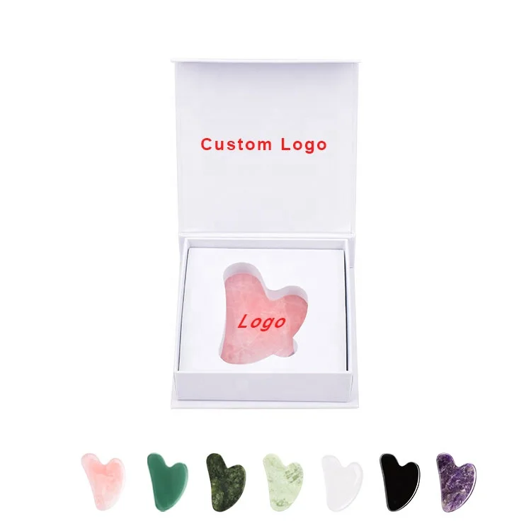 Heart-Shaped Gua Sha Stone with Box Customized Logo Jade Rose Quartz Guasha Face Massage Tool Natural Stone Faciaal Massager