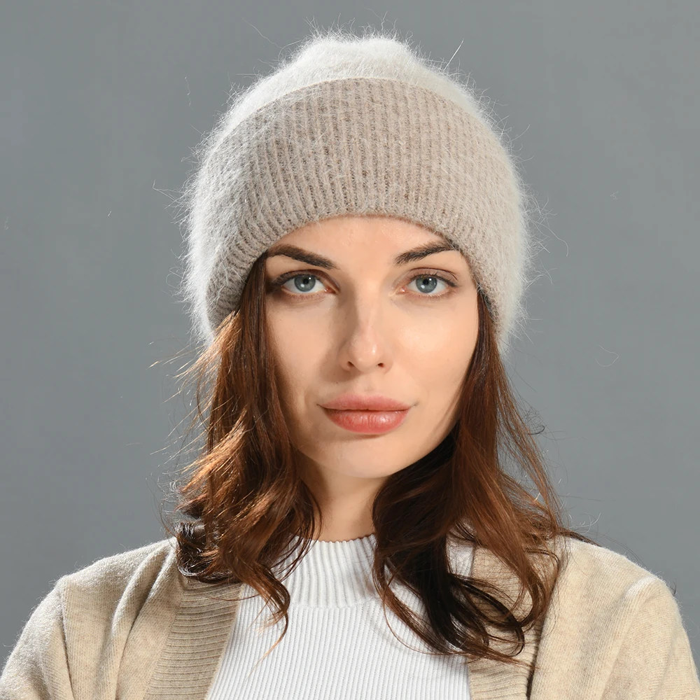 Outdoor Angora Rabbit Fur Knitted Hat Striped Wholesale Unisex Women Winter Custom Blank Fluffy Long Angora Wool Adult Beanie