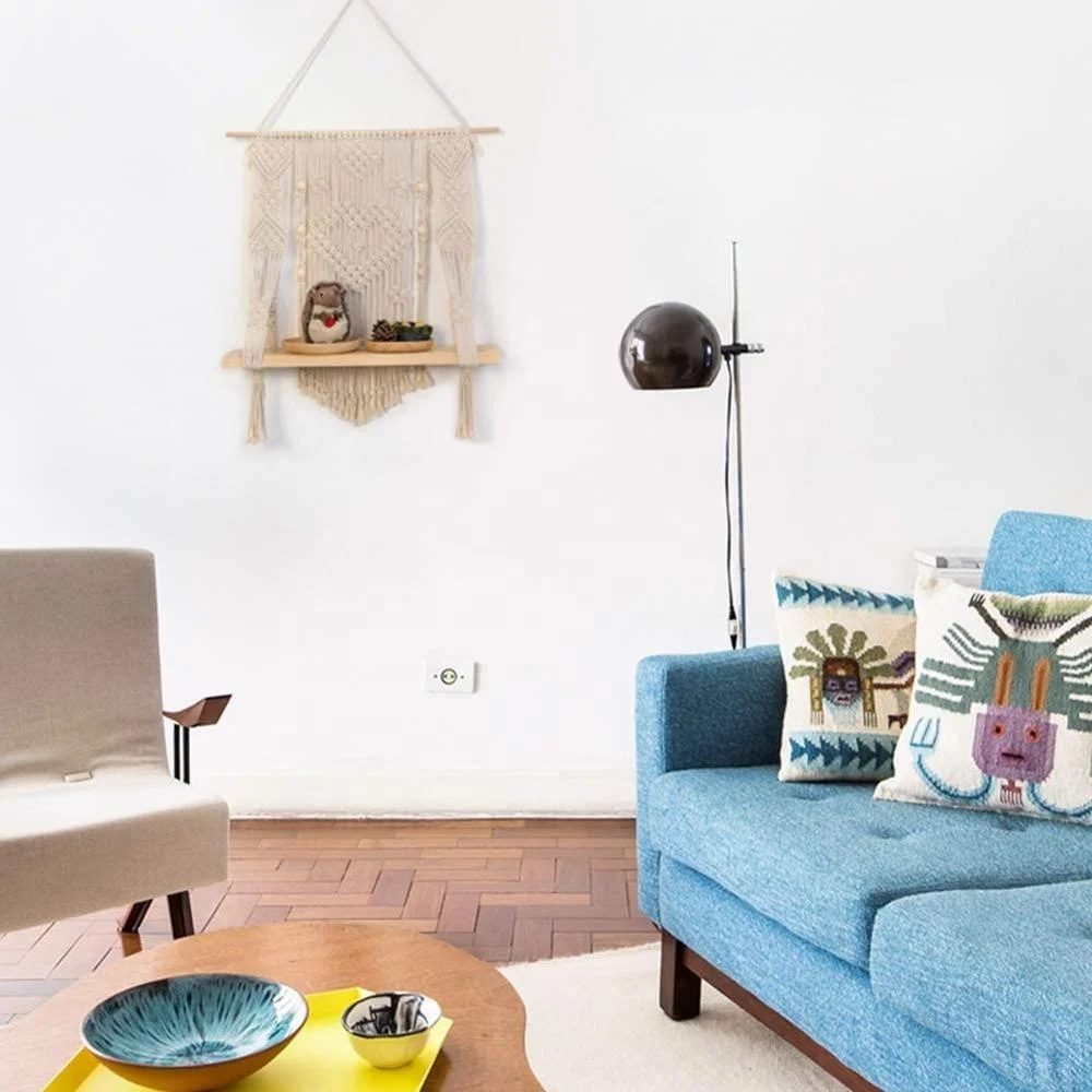 Macrame Wooden Floating Shelf  wall  Decor
