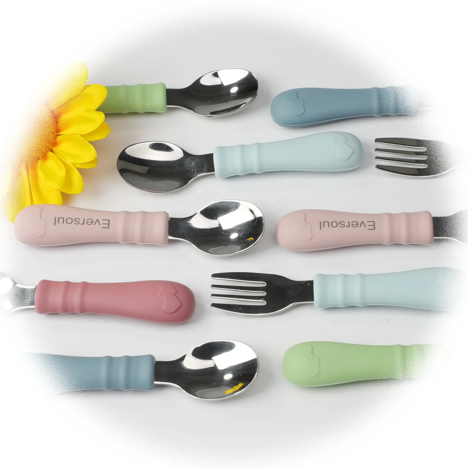 ES-Pro Custom Factory Food Grade Tableware Super Soft 304 Stainless Steel Baby Spoon and Fork Set with Silicone for Feeding