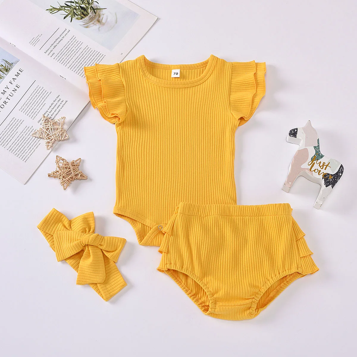 Children Summer Kids Clothing Flutter Sleeve Cotton Tank Top Infant Toddler Baby Clothes Sets Girls 3 pcs Rib Outfit Cloth Set