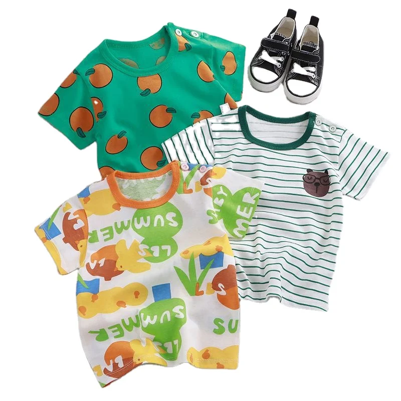 China Factory Wholesale T-shirts Summer Boy Cotton Cartoon T Shirts Girl Kids Striped Style