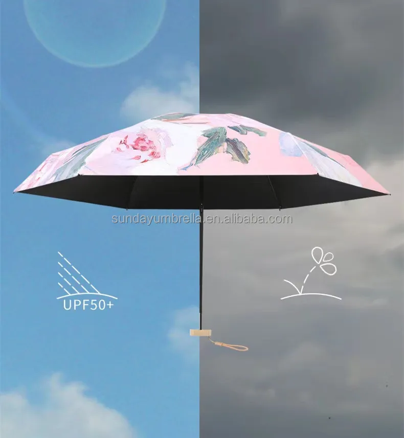 SD New Arrival 6-Folded Black Coating Umbrella Manual Oil Painting Design Pocket-Size Compact Parasol Adults Travel Wholesale