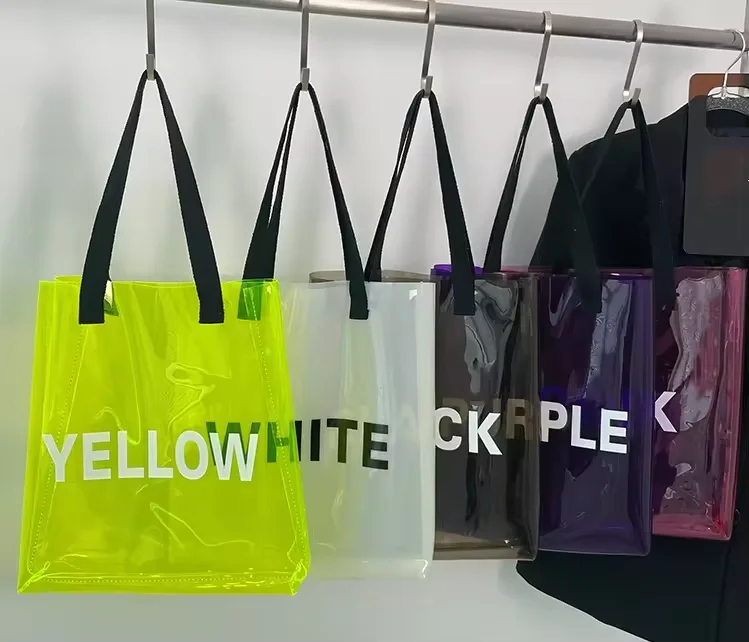 fashion Logo mini clear plastic PVC shopping bag outside tote holiday beach tote shoulder transparent bag with webbing handles