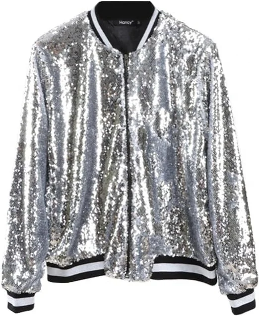 WINGTU OEM Casual Sequin Jacket Long Sleeve Sparkly Bomber Baseball Jacket For Women