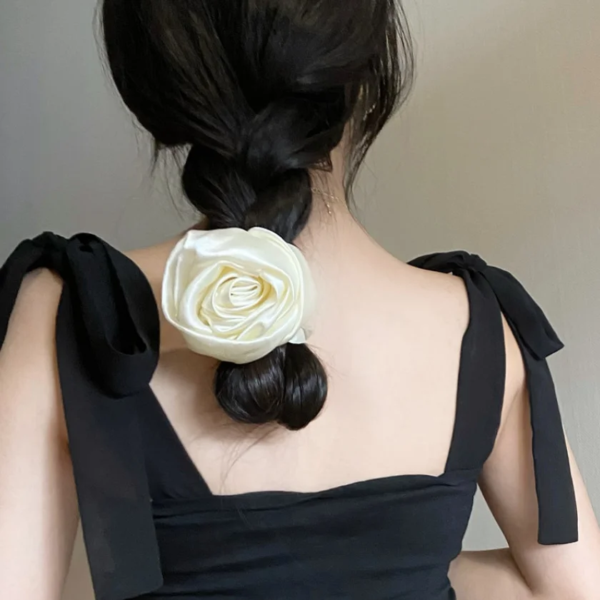 French vintage creamy flower scrunchies hair bands hot seller luxury romantic handmade white big rose satin silk scrunchy girls