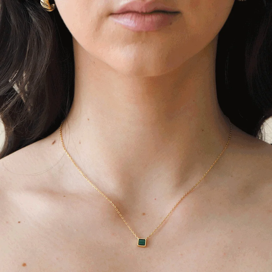 mother jewelry 925 Sterling Silver green natural stone necklace 18K gold Plated Stone Square malachite necklace