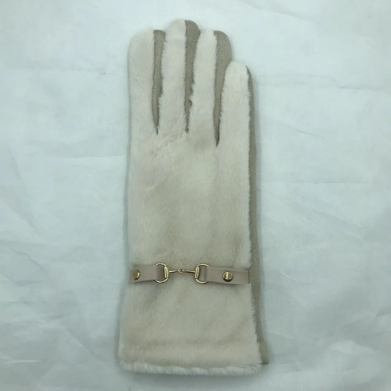 Hot Sell Faux Rabbit Fur With Leather Stripe Gloves Winter Women Fleece Gloves