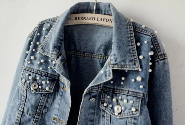 
Pearl Beading Short Denim Jackets Women Long Sleeve Vintage Casual Jean Jacket Denim Coat 