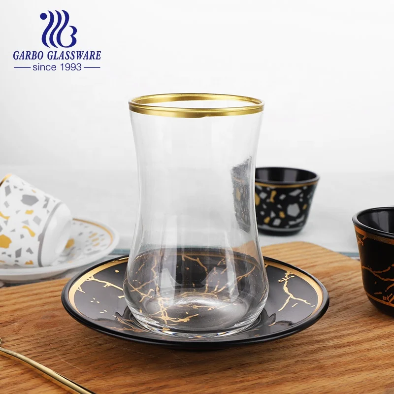 Wholesale Turkish New Design Royal Golden Glass Coffee Tea Cup and Saucer Cawa Glass Set with Golden Decor Gift Set for Hotel