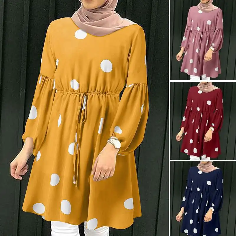 Top Crew Neck Shirt Loose Elastic Waistband Clothes Women Modest Blouses & Shirts Print Full Women Dress Casual Polyester DOT