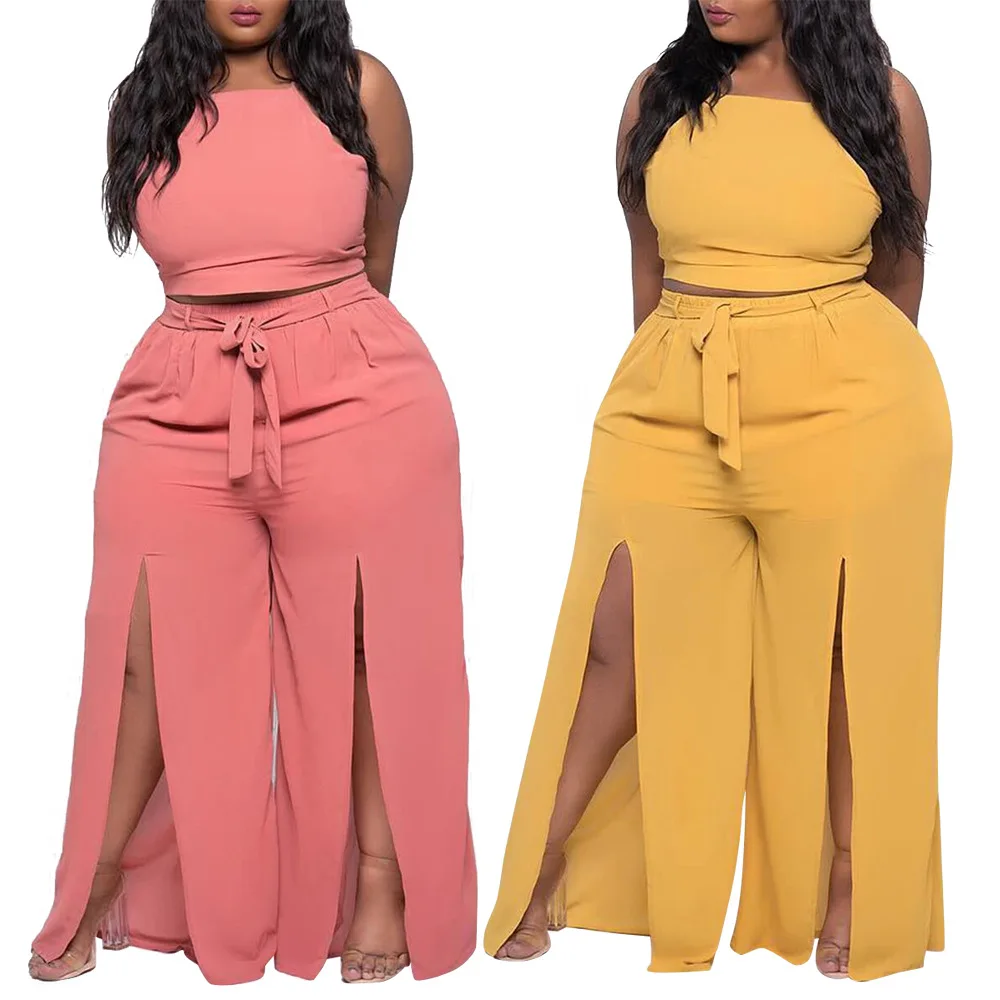 Fat oversized women crop sleeveless top and split long pants plus size two piece pant sets